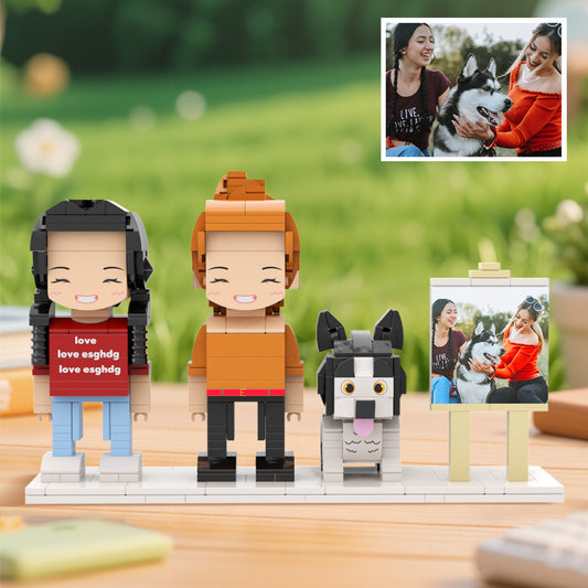 Personalisierte Klemmbaustein-Figuren – 2 Personen mit Hund & Fotorahmen – DIY Geschenk zum Selbstaufbau