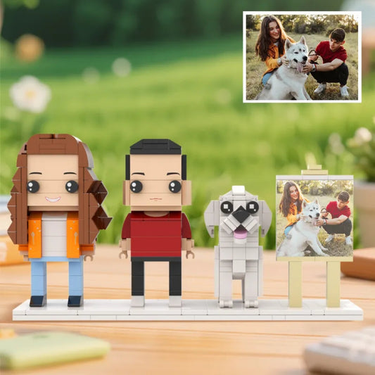 Personalisierte Klemmbaustein-Figuren – 2 Personen mit Hund & Fotorahmen – DIY Geschenk zum Selbstaufbau