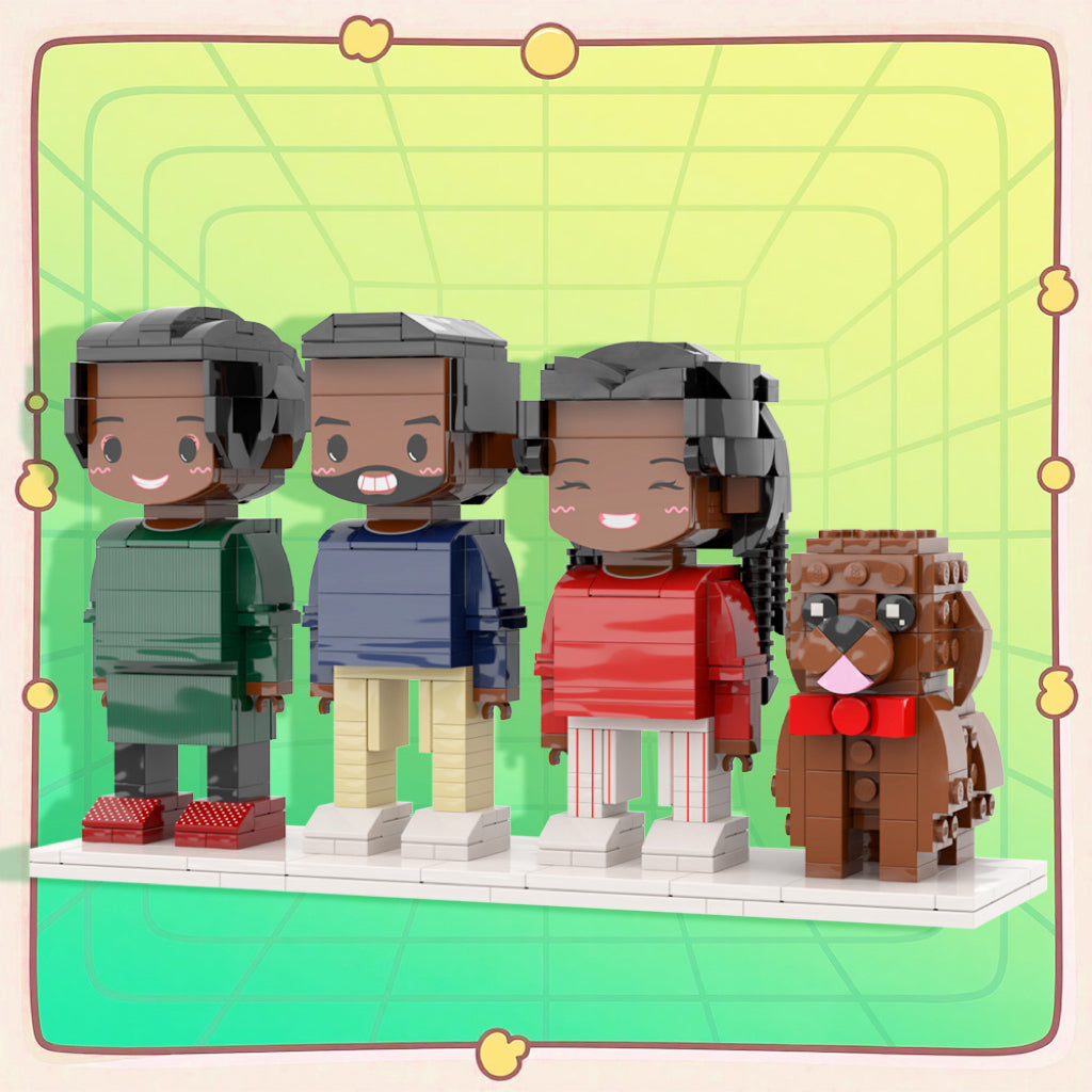 Personalisierte Familien-Figuren aus Klemmbausteinen – 3 Personen + Hund – DIY Geschenk zum Selbstaufbau