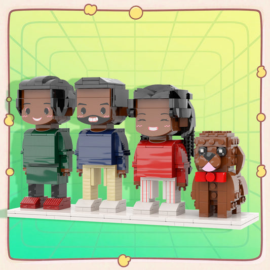 Personalisierte Familien-Figuren aus Klemmbausteinen – 3 Personen + Hund – DIY Geschenk zum Selbstaufbau