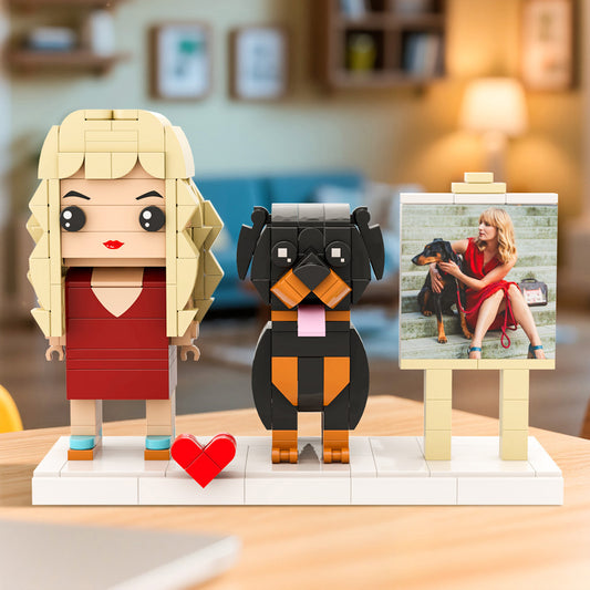 Personalisierte Klemmbaustein-Figuren – 1 Person mit Hund & Fotorahmen – DIY Geschenk zum Selbstaufbau