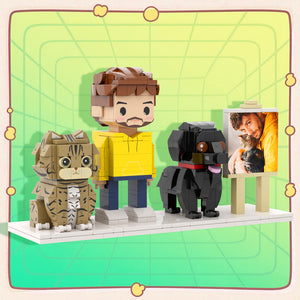 Personalisierte Klemmbaustein-Figuren – 1 Person mit Hund, Katze & Fotorahmen – DIY Geschenk zum Selbstaufbau