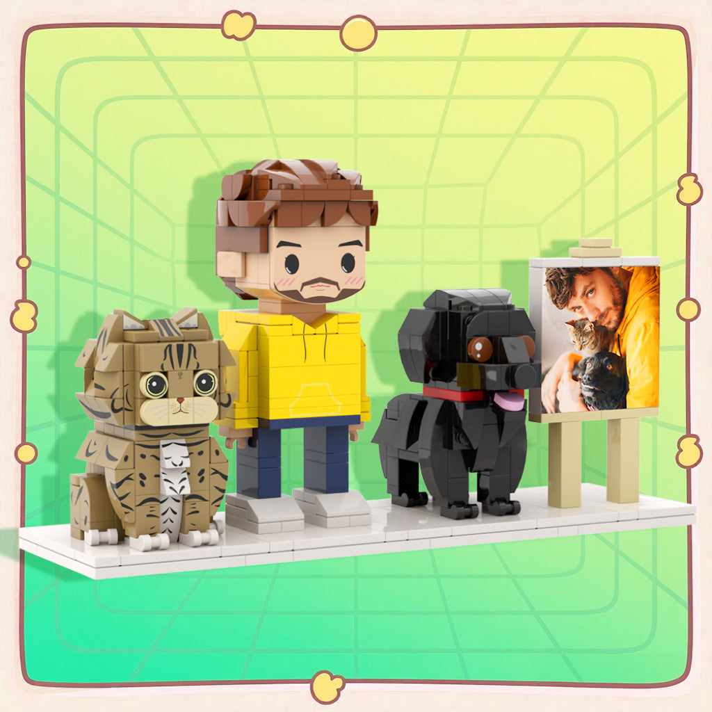 Personalisierte Klemmbaustein-Figuren – 1 Person mit Hund, Katze & Fotorahmen – DIY Geschenk zum Selbstaufbau