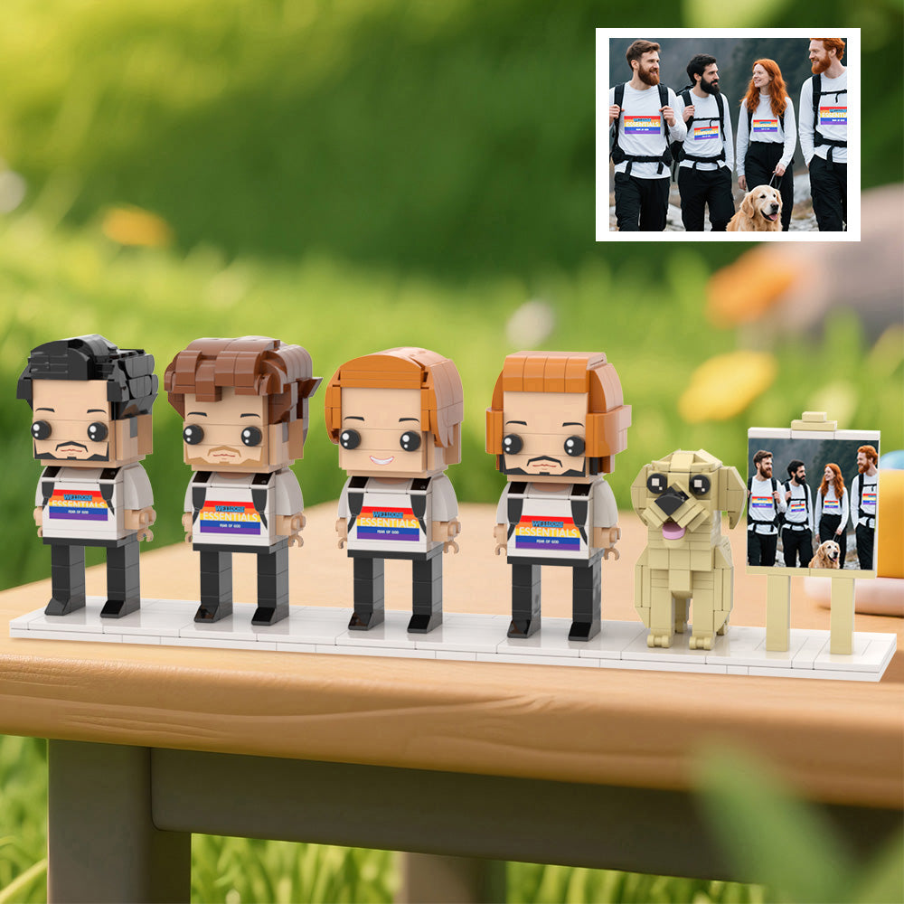 Personalisierte Klemmbaustein-Figuren – 4 Personen mit Hund & Fotorahmen – DIY Geschenk zum Selbstaufbau