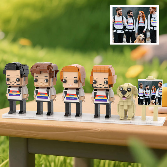 Personalisierte Klemmbaustein-Figuren – 4 Personen mit Hund & Fotorahmen – DIY Geschenk zum Selbstaufbau