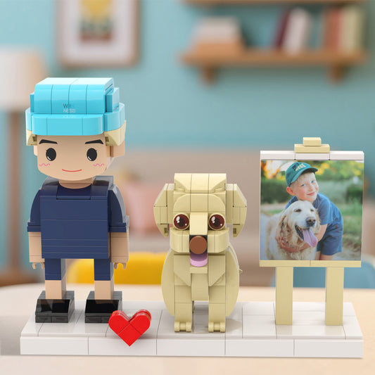 Personalisierte Klemmbaustein-Figuren – 1 Person mit Hund & Fotorahmen – DIY Geschenk zum Selbstaufbau