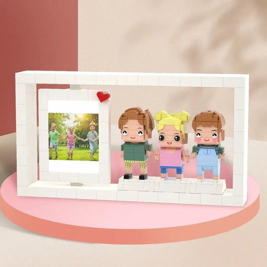 Personalisierte Familien-Figuren aus Klemmbausteinen – 3 Personen mit Fotorahmen – DIY Geschenk zum Selbstaufbau
