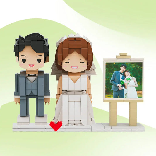 Personalisierte Klemmbaustein-Figuren – 2 Personen mit Herz & Fotorahmen – DIY Geschenk zum Selbstaufbau