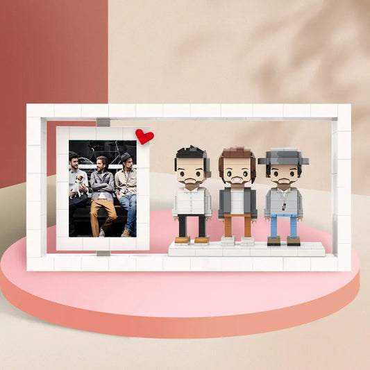 Personalisierte Familien-Figuren aus Klemmbausteinen – 3 Personen mit Fotorahmen – DIY Geschenk zum Selbstaufbau