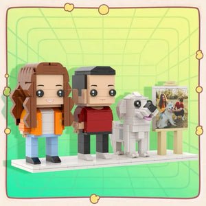 Personalisierte Klemmbaustein-Figuren – 2 Personen mit Hund & Fotorahmen – DIY Geschenk zum Selbstaufbau