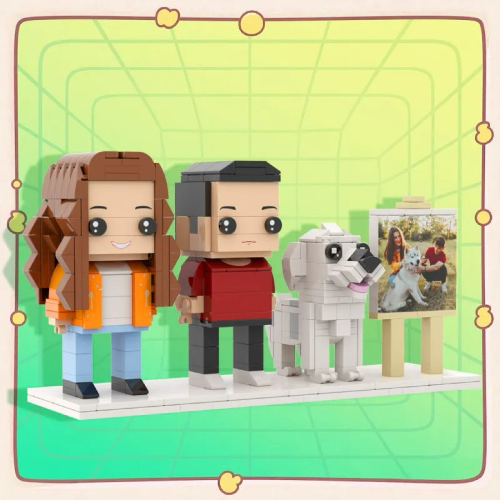 Personalisierte Klemmbaustein-Figuren – 2 Personen mit Hund & Fotorahmen – DIY Geschenk zum Selbstaufbau