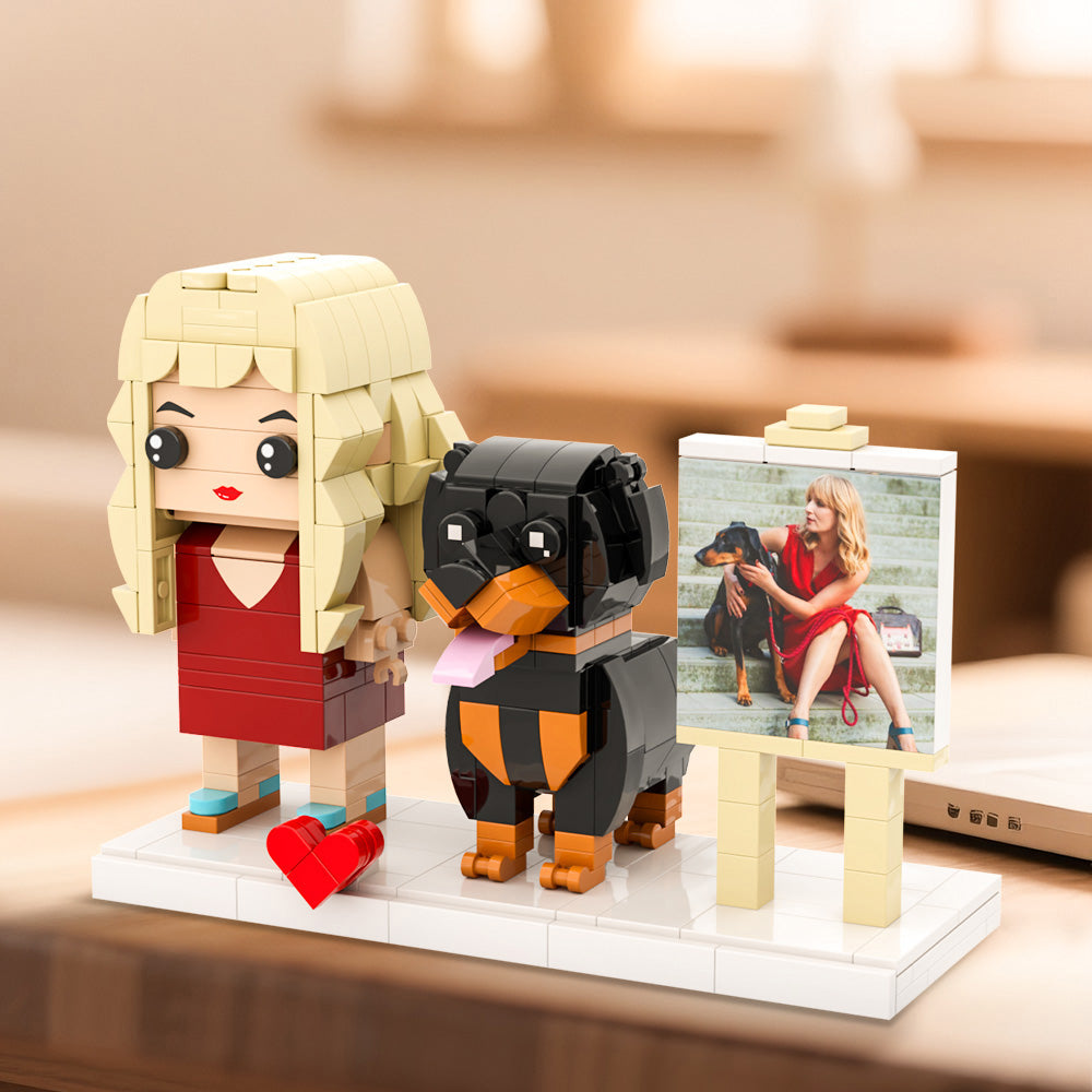 Personalisierte Klemmbaustein-Figuren – 1 Person mit Hund & Fotorahmen – DIY Geschenk zum Selbstaufbau