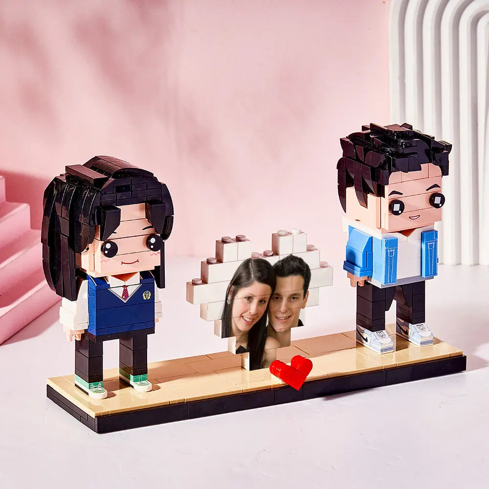 Personalisierte Klemmbaustein-Figuren mit Herz & Foto – 2 Personen – DIY Geschenk zum Selbstaufbau