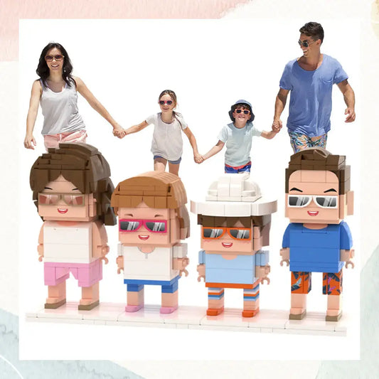 Personalisierte Familien-Figuren aus Klemmbausteinen – 4 Personen – DIY Geschenk zum Selbstaufbau