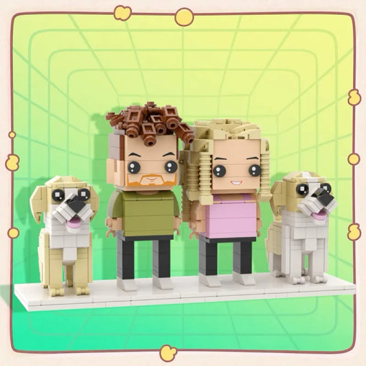Personalisierte Familien-Figuren aus Klemmbausteinen – 2 Personen + 2 Hunde – DIY Geschenk zum Selbstaufbau