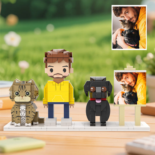 Personalisierte Klemmbaustein-Figuren – 1 Person mit Hund, Katze & Fotorahmen – DIY Geschenk zum Selbstaufbau