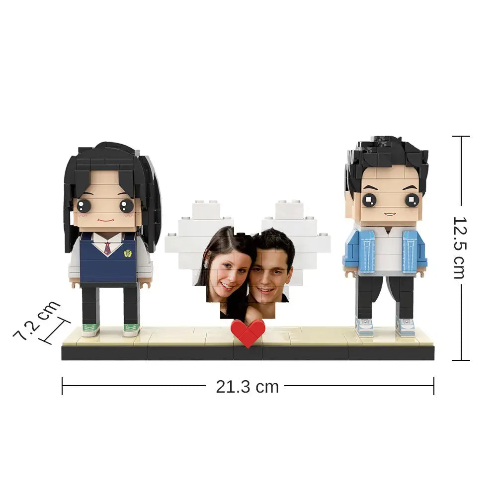Personalisierte Klemmbaustein-Figuren mit Herz & Foto – 2 Personen – DIY Geschenk zum Selbstaufbau