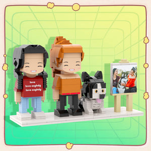 Personalisierte Klemmbaustein-Figuren – 2 Personen mit Hund & Fotorahmen – DIY Geschenk zum Selbstaufbau