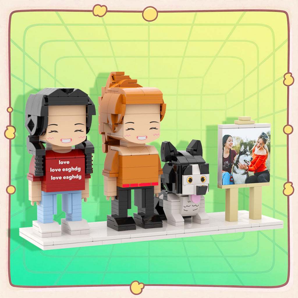 Personalisierte Klemmbaustein-Figuren – 2 Personen mit Hund & Fotorahmen – DIY Geschenk zum Selbstaufbau