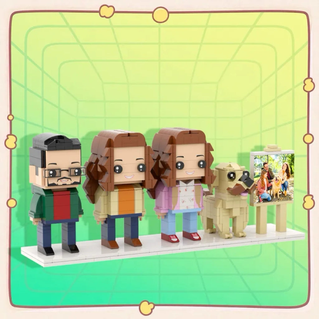 Personalisierte Klemmbaustein-Figuren – 3 Personen mit Hund & Fotorahmen – DIY Geschenk zum Selbstaufbau
