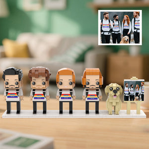 Personalisierte Klemmbaustein-Figuren – 4 Personen mit Hund & Fotorahmen – DIY Geschenk zum Selbstaufbau