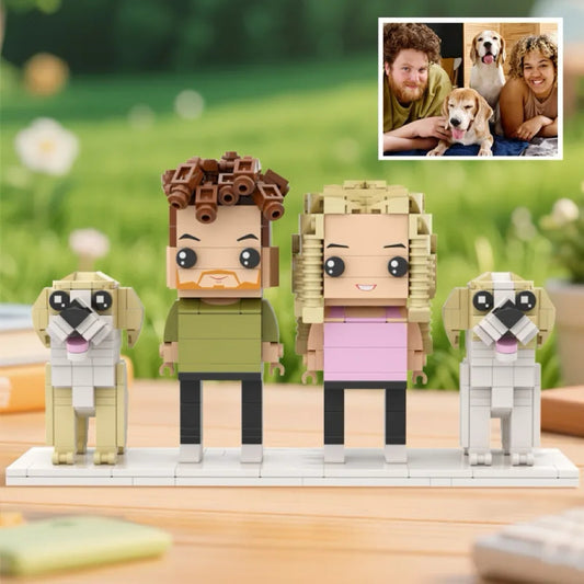 Personalisierte Familien-Figuren aus Klemmbausteinen – 2 Personen + 2 Hunde – DIY Geschenk zum Selbstaufbau