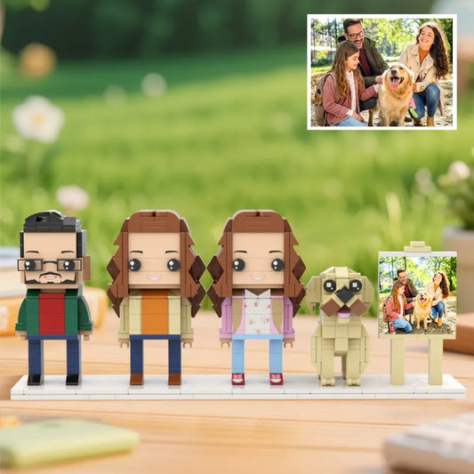 Personalisierte Klemmbaustein-Figuren – 3 Personen mit Hund & Fotorahmen – DIY Geschenk zum Selbstaufbau