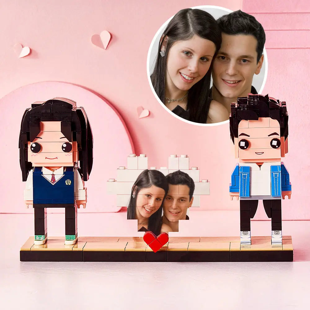 Personalisierte Klemmbaustein-Figuren mit Herz & Foto – 2 Personen – DIY Geschenk zum Selbstaufbau