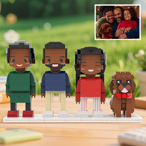 Personalisierte Familien-Figuren aus Klemmbausteinen – 3 Personen + Hund – DIY Geschenk zum Selbstaufbau