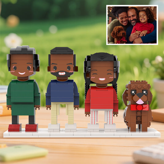 Personalisierte Familien-Figuren aus Klemmbausteinen – 3 Personen + Hund – DIY Geschenk zum Selbstaufbau