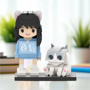 Personalisierte Klemmbaustein-Figuren – 1 Person mit Katze – DIY Miniatur-Set zum Selbstaufbau