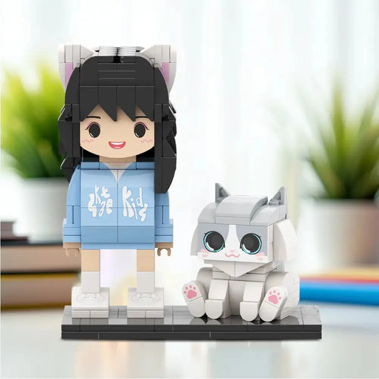 Personalisierte Klemmbaustein-Figuren – 1 Person mit Katze – DIY Miniatur-Set zum Selbstaufbau