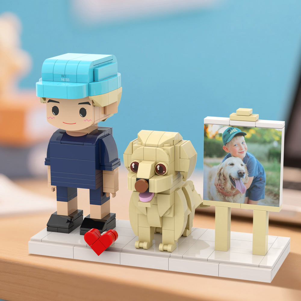 Personalisierte Klemmbaustein-Figuren – 1 Person mit Hund & Fotorahmen – DIY Geschenk zum Selbstaufbau